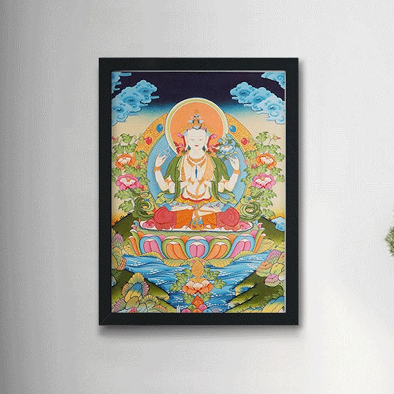 Peinture de Thangka tibétain Foviel - Dieu de la richesse jaune, Tara verte, Avalokitesvara - Décoration faite à la main, boîte mystère (style aléatoire)