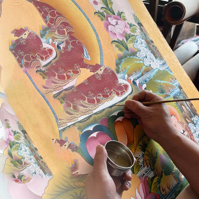 Peinture de Thangka tibétain Foviel - Dieu de la richesse jaune, Tara verte, Avalokitesvara - Décoration faite à la main, boîte mystère (style aléatoire)