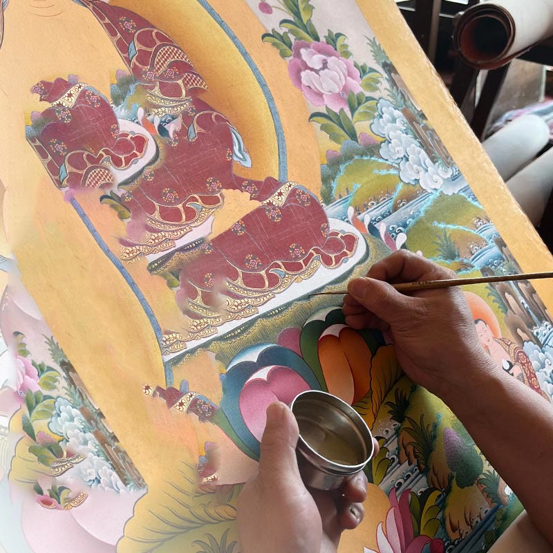 Peinture de Thangka tibétain Foviel - Dieu de la richesse jaune, Tara verte, Avalokitesvara - Décoration faite à la main, boîte mystère (style aléatoire)