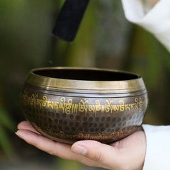 Bol chantant artisanal Foviel avec motifs d'écritures pour la guérison et la méditation, ensemble de bol sonore