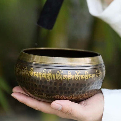 Bol chantant artisanal Foviel avec motifs d'écritures pour la guérison et la méditation, ensemble de bol sonore