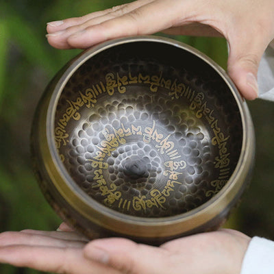Bol chantant artisanal Foviel avec motifs d'écritures pour la guérison et la méditation, ensemble de bol sonore