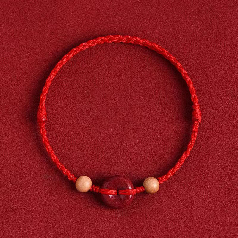 Foviel Peach Wood Peace Buckle Cinnabar Wealth String Bracelet Anklet