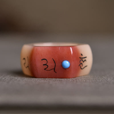 Bague de protection Foviel sculptée en os de chameau avec inscription Om Mani Padme Hum