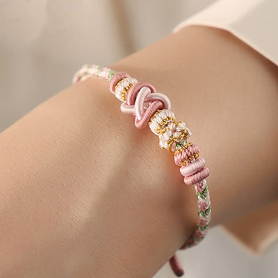 Foviel Handcrafted Peach Blossom Peace Knot Colorful Rope Adjustable Bracelet