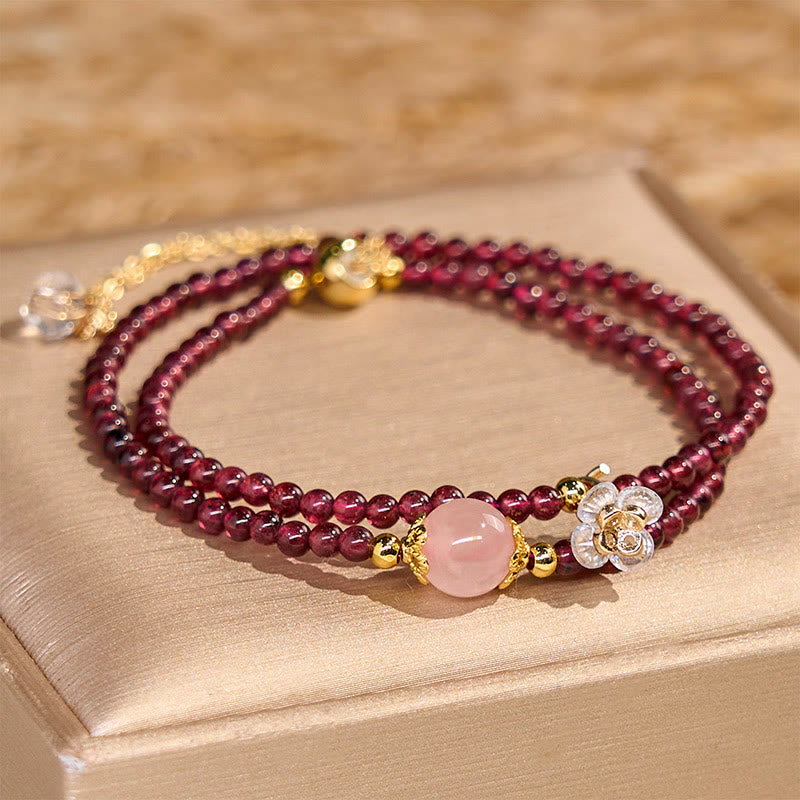 Foviel Natural Flower Garnet Pink Crystal Calm Double Wrap Bracelet