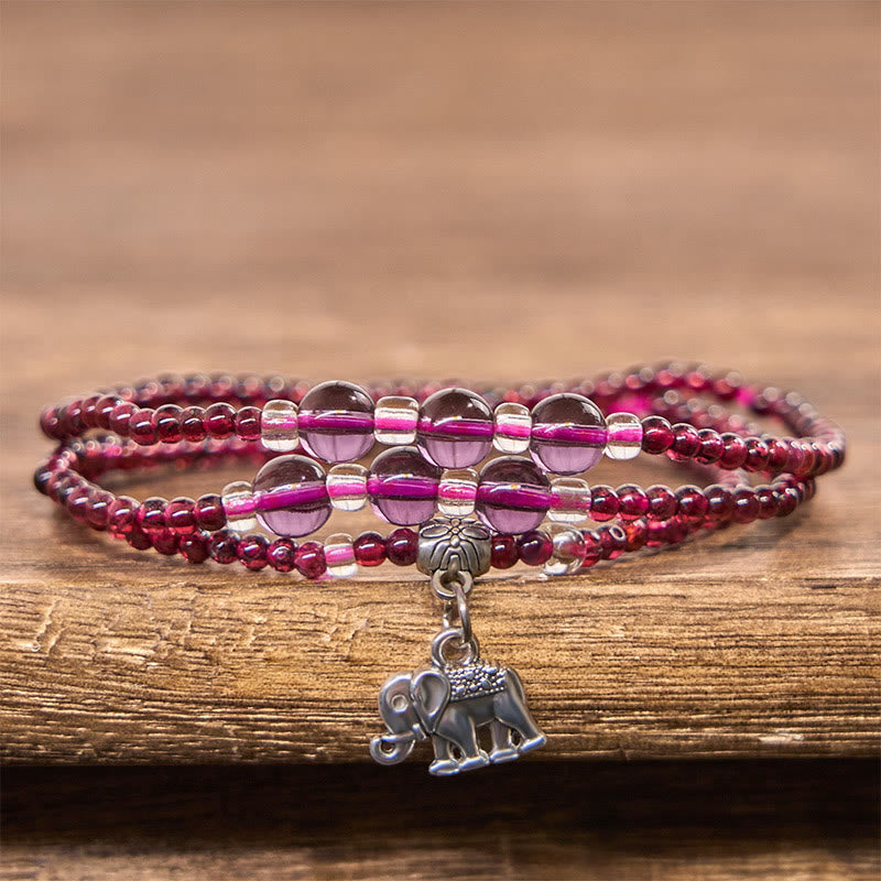 Foviel Natural Garnet Elephant Abacus Lucky Bag PiXiu Protection Triple Wrap Bracelet