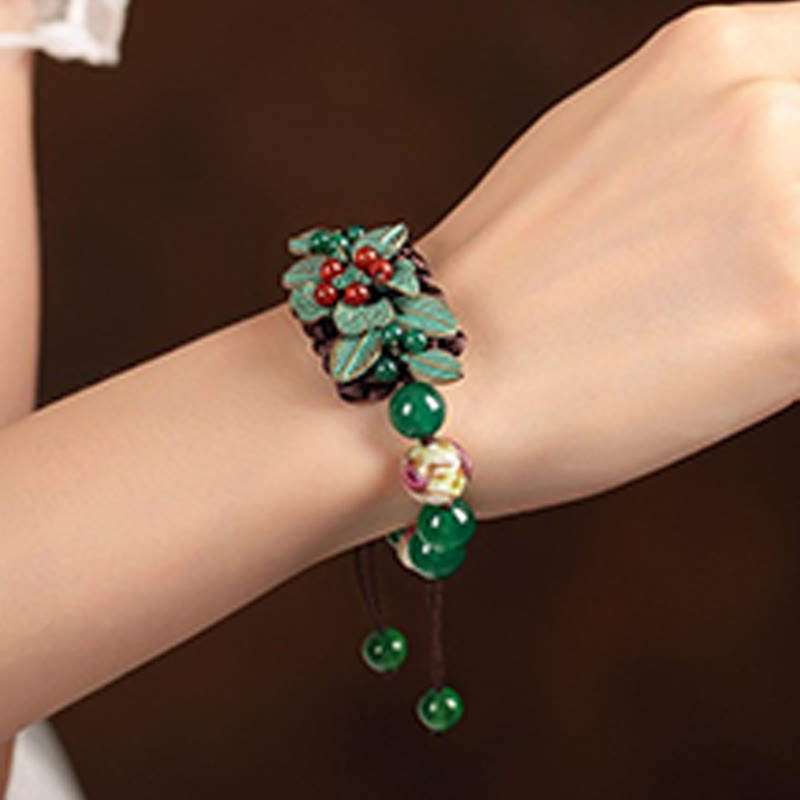 Foviel Green Agate Glass Flower Beads Braided Knot Support Bracelet