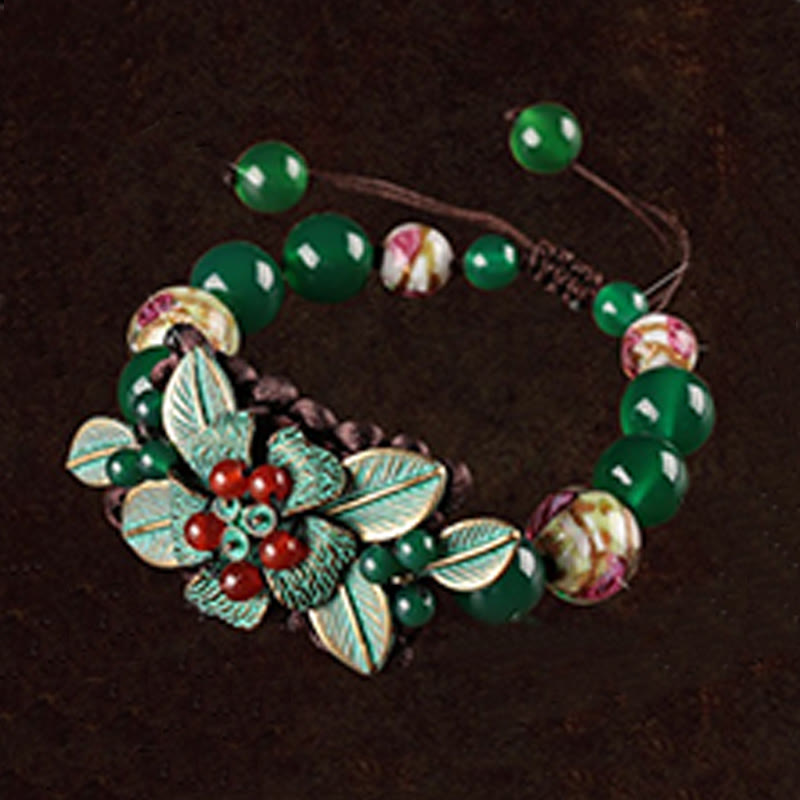 Foviel Green Agate Glass Flower Beads Braided Knot Support Bracelet