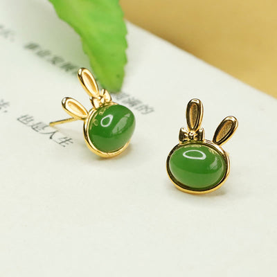 Foviel 925 Sterling Silver Hetian Cyan Jade Cute Rabbit Luck Stud Earrings