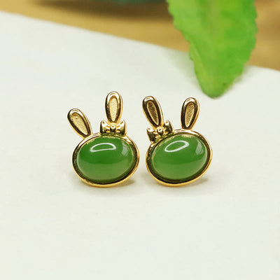 Foviel 925 Sterling Silver Hetian Cyan Jade Cute Rabbit Luck Stud Earrings