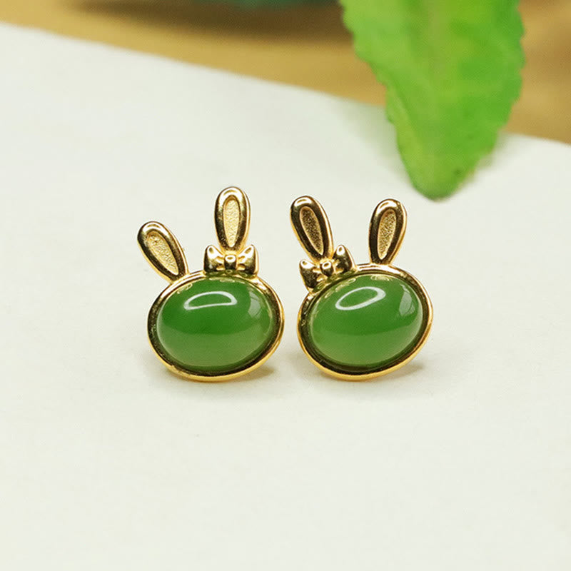 Foviel 925 Sterling Silver Hetian Cyan Jade Cute Rabbit Luck Stud Earrings