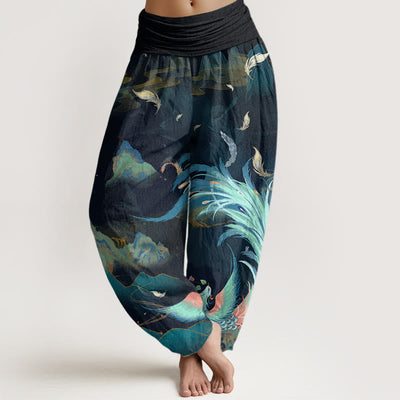 Buddha Stones Cotton Phoenix Mountain Cloud Pattern Women's Elastic Waist Harem Pants - DarkCyan - US22，UK/AU26，EU54 (6XL) - image 0