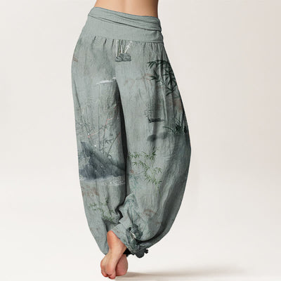 Buddha Stones Pure Cotton Casual Bamboo Rock Ink Painting Women's Elastic Waist Harem Pants - image 10