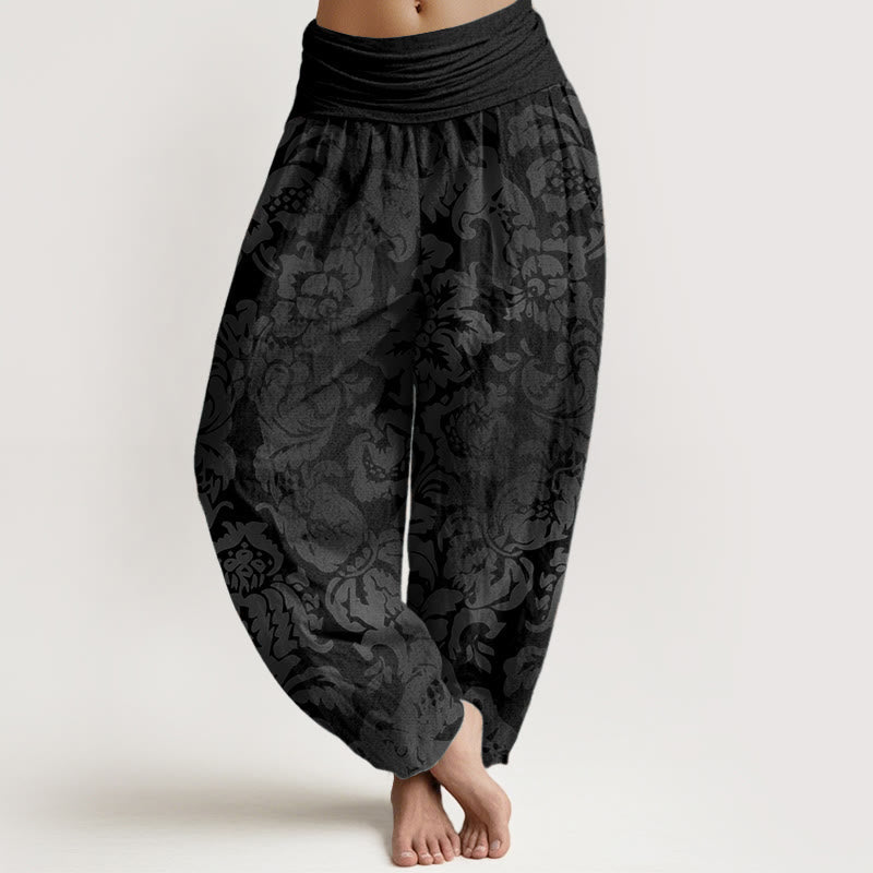 Buddha Stones Pure Cotton Casual Flower Leaves Design Women's Elastic Waist Harem Pants - Black - US22，UK/AU26，EU54 (6XL) - image 5