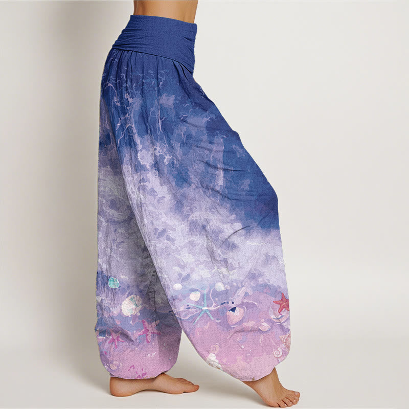 Pantalon sarouel pour femme Foviel en pur coton à motif océan avec taille élastique