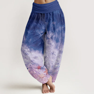 Pantalon sarouel pour femme Foviel en pur coton à motif océan avec taille élastique