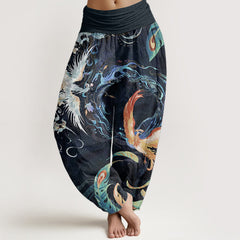 Buddha Stones Pure Cotton Phoenix Flower Pattern Women's Elastic Waist Harem Pants - Black - US22，UK/AU26，EU54 (6XL) - image 0