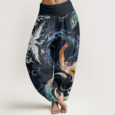 Buddha Stones Pure Cotton Phoenix Flower Pattern Women's Elastic Waist Harem Pants - Black - US22，UK/AU26，EU54 (6XL) - image 0