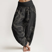 Foviel reine Baumwolle Koi Fisch Blumenmuster Damen elastische Taille Harem Hose