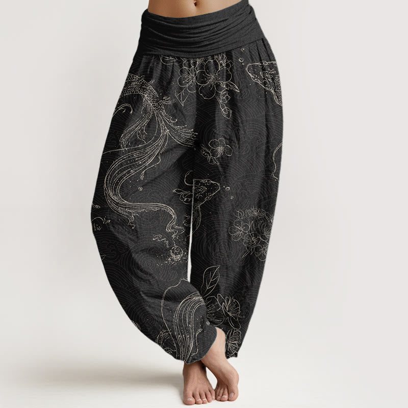 Pantalon sarouel pour femme Foviel en pur coton à motif floral et poissons koï avec taille élastique