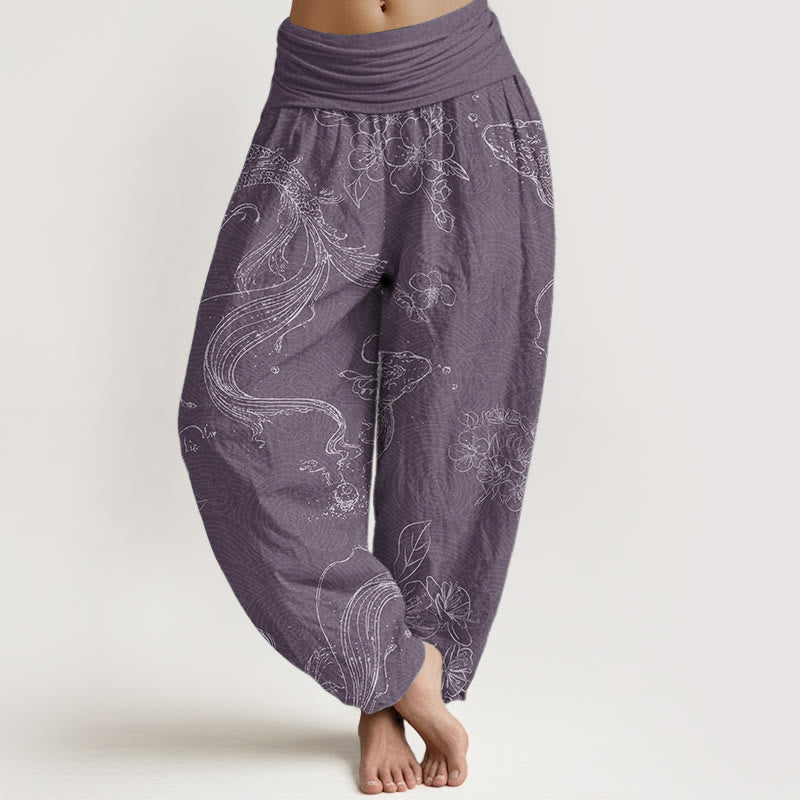 Pantalon sarouel pour femme Foviel en pur coton à motif floral et poissons koï avec taille élastique