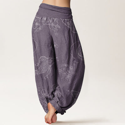 Pantalon sarouel pour femme Foviel en pur coton à motif floral et poissons koï avec taille élastique