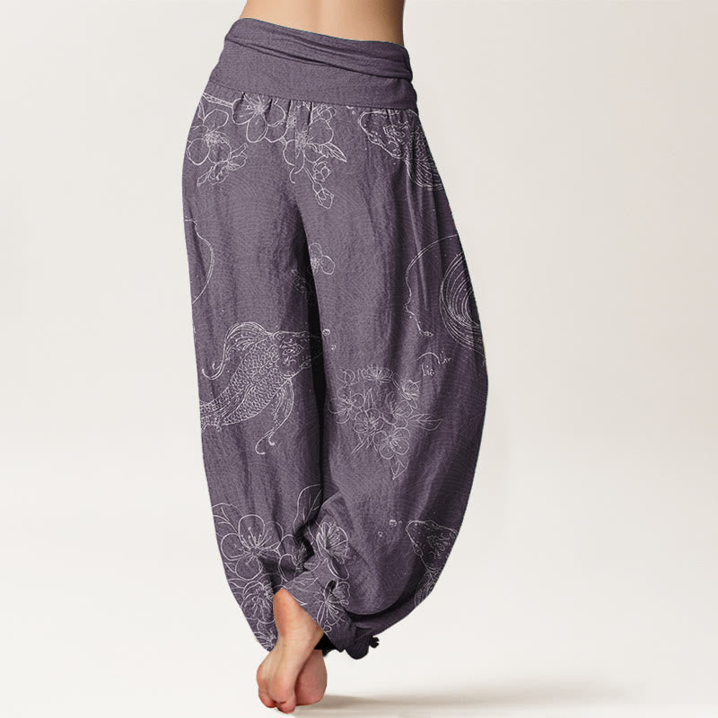 Pantalon sarouel pour femme Foviel en pur coton à motif floral et poissons koï avec taille élastique