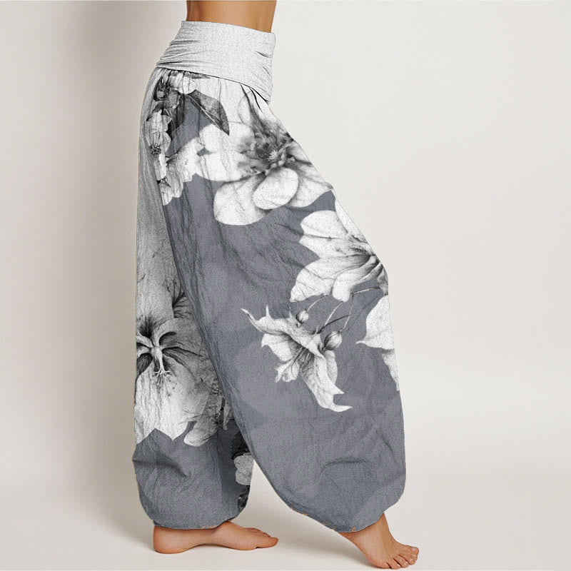 Pantalon sarouel pour femme Foviel en pur coton à motif camélia avec taille élastique