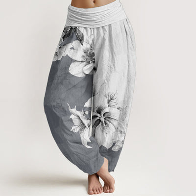 Pantalon sarouel pour femme Foviel en pur coton à motif camélia avec taille élastique