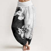 Foviel reine Baumwolle Kamelie Muster Damen elastische Taille Harem Hose