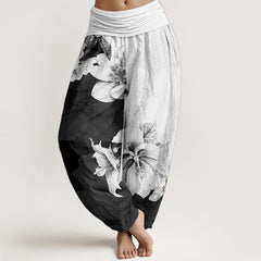 Pantalon sarouel pour femme Foviel en pur coton à motif camélia avec taille élastique