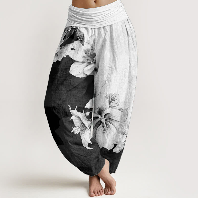 Pantalon sarouel pour femme Foviel en pur coton à motif camélia avec taille élastique