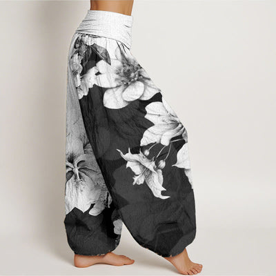 Pantalon sarouel pour femme Foviel en pur coton à motif camélia avec taille élastique
