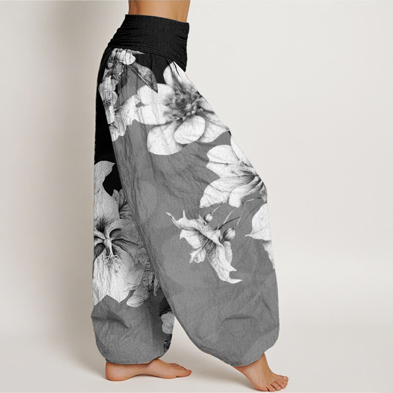 Pantalon sarouel pour femme Foviel en pur coton à motif camélia avec taille élastique