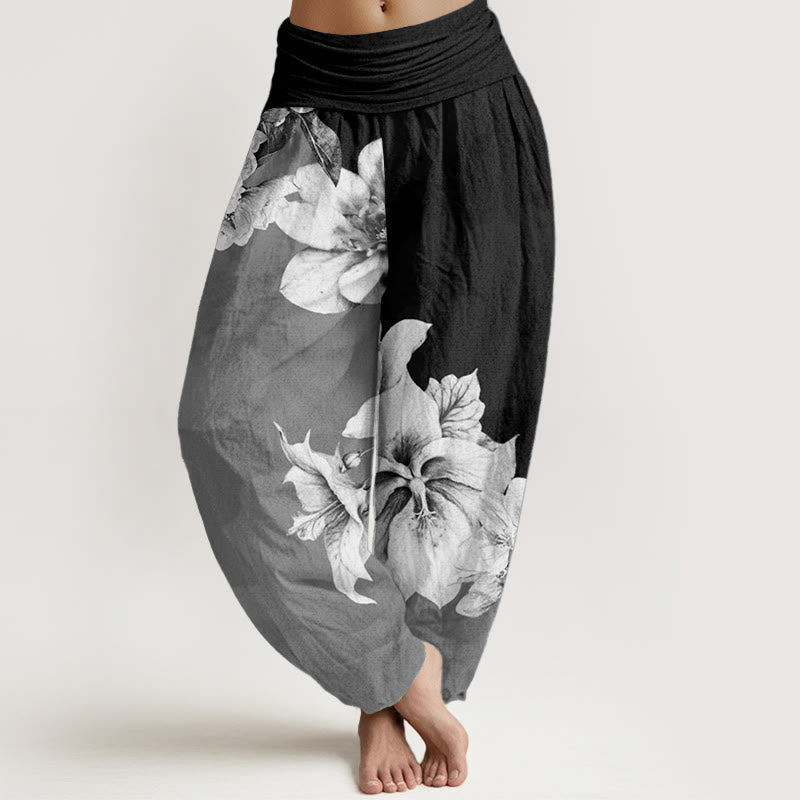 Pantalon sarouel pour femme Foviel en pur coton à motif camélia avec taille élastique