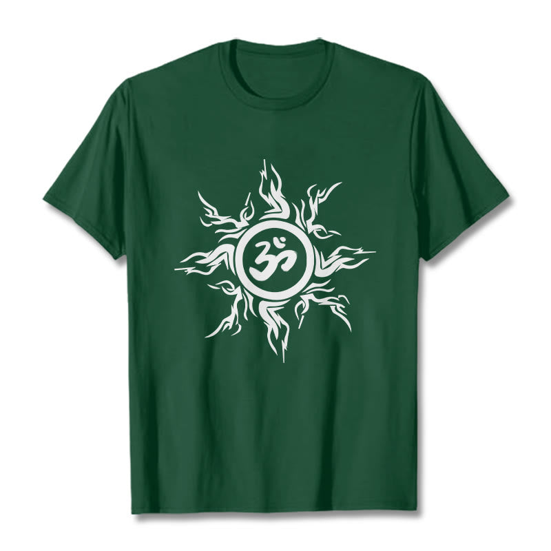 T-shirt en coton à motif soleil rayonnant Foviel entourant un symbole Om