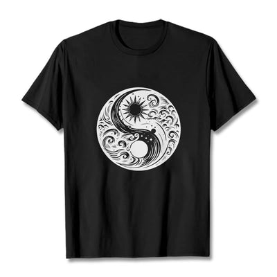 Foviel Sun Moon Waves Yin Yang Pattern Cotton Tee T-shirt