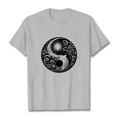 Foviel Sun Moon Waves Yin Yang Pattern Cotton Tee T-shirt