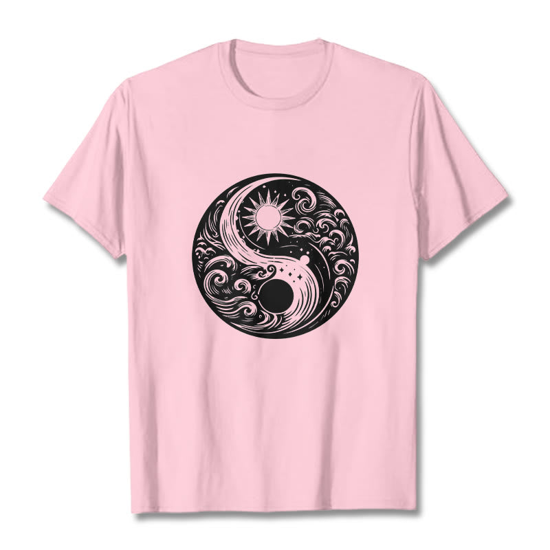 Foviel Sun Moon Waves Yin Yang Pattern Cotton Tee T-shirt