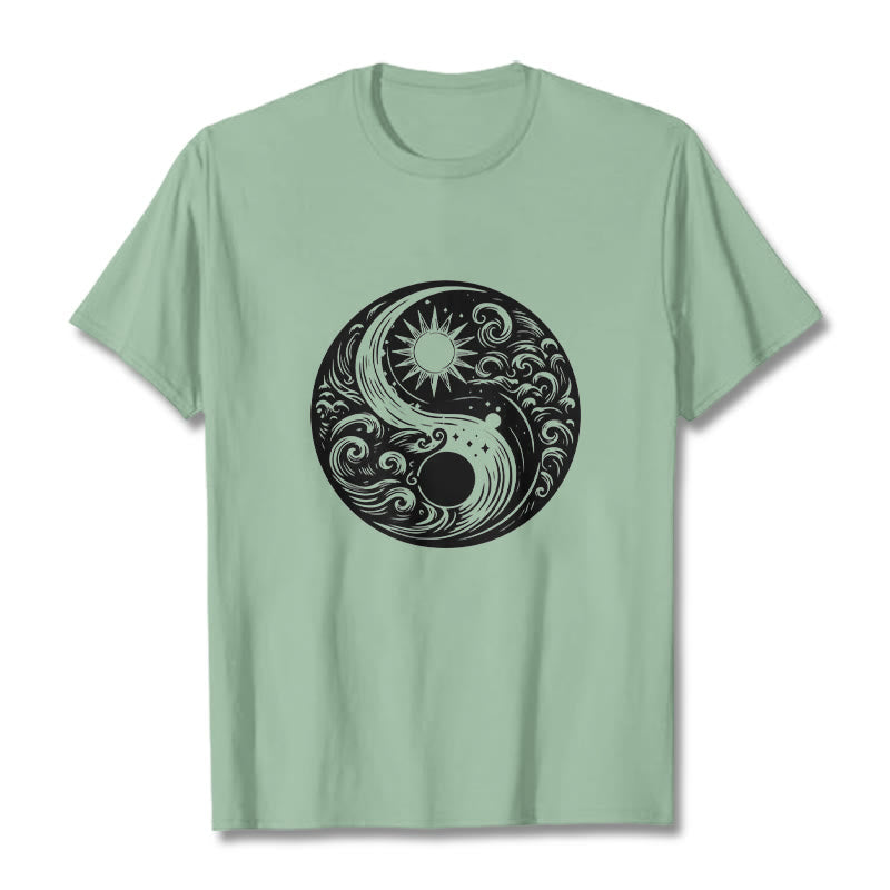 Foviel Sun Moon Waves Yin Yang Pattern Cotton Tee T-shirt
