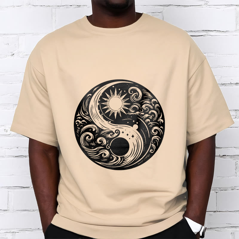 Foviel Sun Moon Waves Yin Yang Pattern Cotton Tee T-shirt