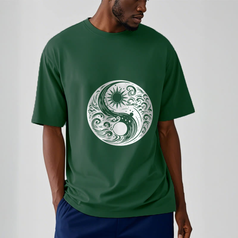 Foviel Sun Moon Waves Yin Yang Pattern Cotton Tee T-shirt
