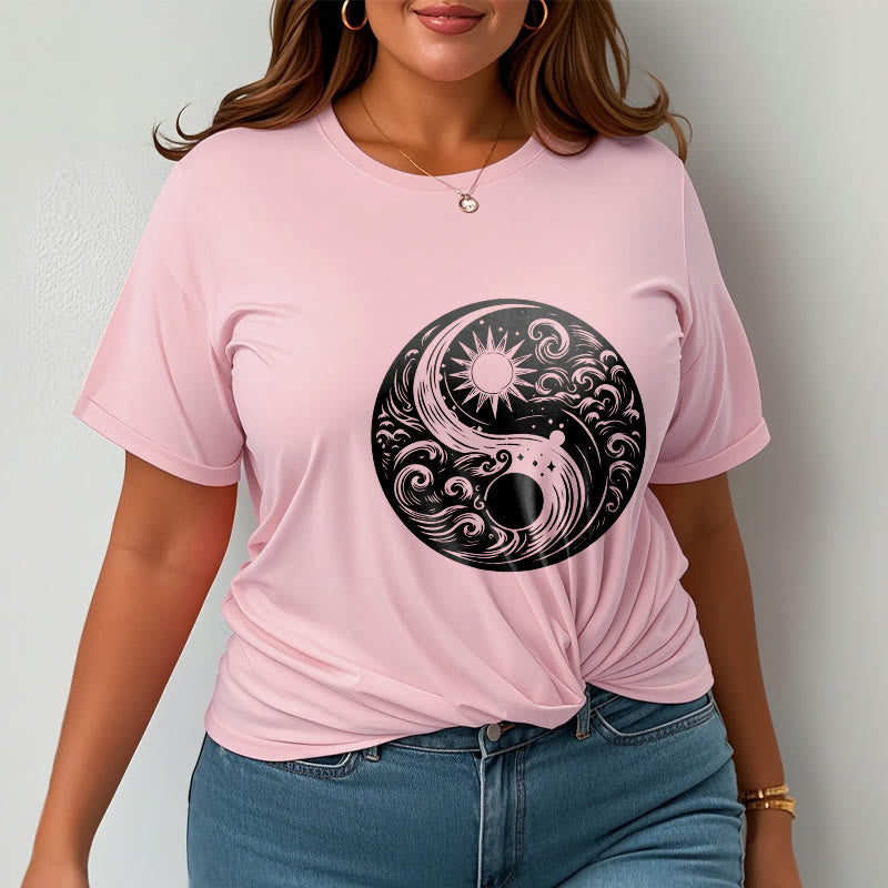 Foviel Sun Moon Waves Yin Yang Pattern Cotton Tee T-shirt