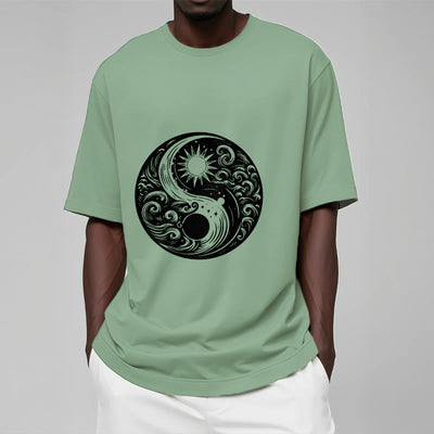 Foviel Sun Moon Waves Yin Yang Pattern Cotton Tee T-shirt