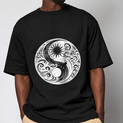 Foviel Sun Moon Waves Yin Yang Pattern Cotton Tee T-shirt
