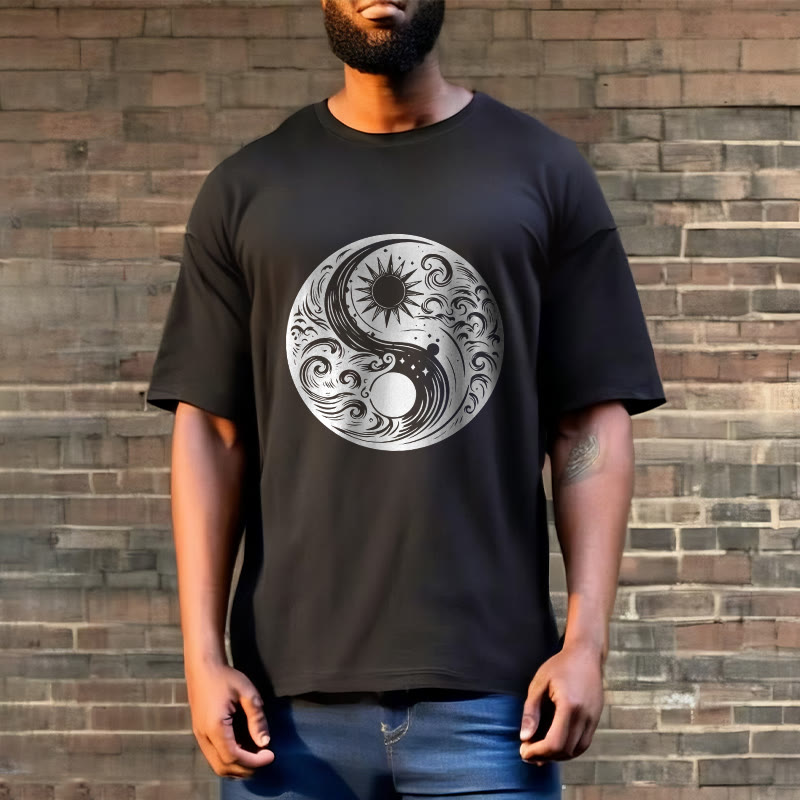 Foviel Sun Moon Waves Yin Yang Pattern Cotton Tee T-shirt