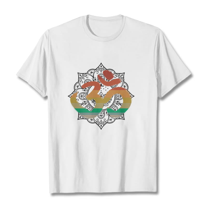 Foviel Gradient-farbige Om Sanskrit Mandala Hintergrund Muster Baumwolle Tee T-Shirt