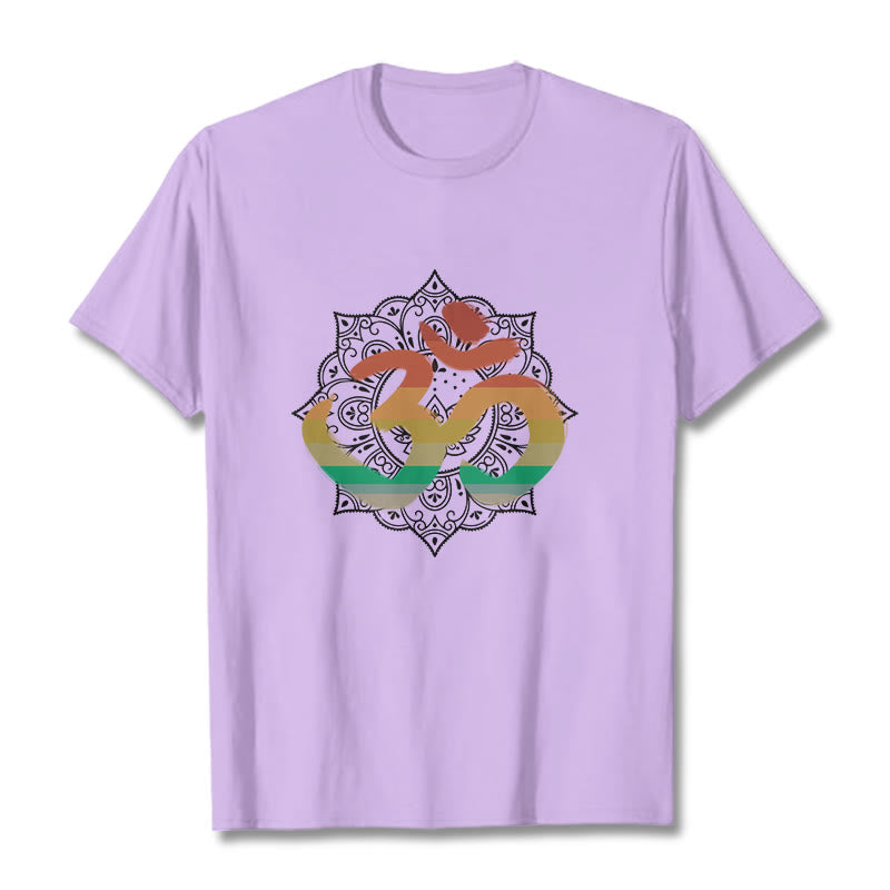 Foviel Gradient-farbige Om Sanskrit Mandala Hintergrund Muster Baumwolle Tee T-Shirt