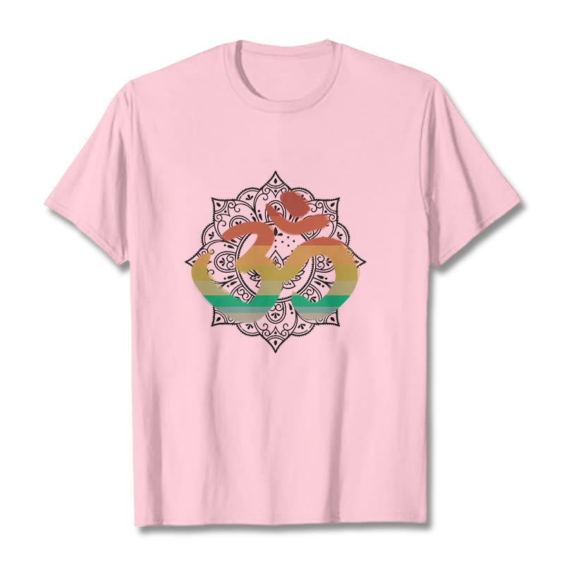 Foviel Gradient-farbige Om Sanskrit Mandala Hintergrund Muster Baumwolle Tee T-Shirt